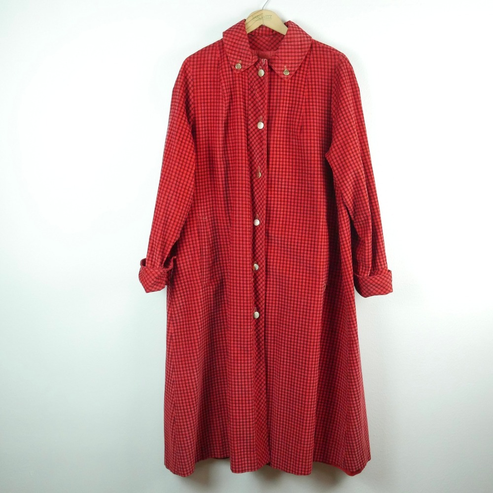 Vintage 60s Red Plaid Corduroy Longline Coat Academia Mod Twee Swing Coat M